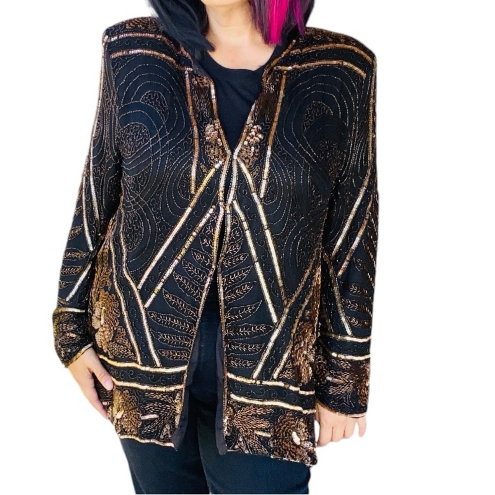 Vintage 80s 90s beaded sequin brown and black embellished jacket blazer size 3X